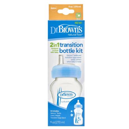 Picture of Dr. Brown's 9 oz / 270ml PP Wide-Neck "Options" Transition Bottle w/ Sippy Spout - Blue, 1-Pack (WB9192-P3)