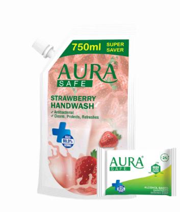 Picture of Aura Safe Hand Wash Refill Pack (Strawberry) 750ml + 1 pc Alcohol based Sanitizing Soap (Free)