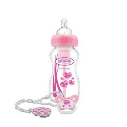Picture of Dr. Brown's Wide-Neck Option Baby Pink Bottle With Soother Gift Set-9oz  0m+ (WB91306-INTLX)