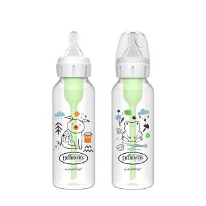 Picture of Dr Brown's Natural Flow Anti-Colic Options+ Narrow Baby Bottle, Pig & Frog, 8 oz/250 ml with Level 1 Slow Flow Nipple 0m+, 2-Pack, SB82040