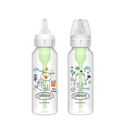 Picture of Dr Brown's Natural Flow Anti-Colic Options+ Narrow Baby Bottle, Pig & Frog, 8 oz/250 ml with Level 1 Slow Flow Nipple 0m+, 2-Pack, SB82040