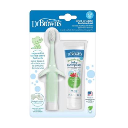 Picture of Dr. Brown's Infant to Toddler Toothbrush, Mint Elephant, with Strawberry Toothpaste 1.4oz/40gm 1-Pack (HG036)