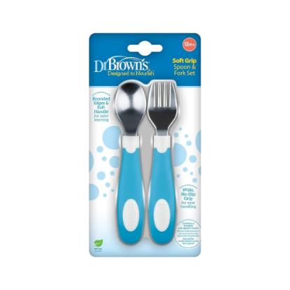 Picture of Dr. Brown's Soft Grip Spoon & Fork Set, Blue & White