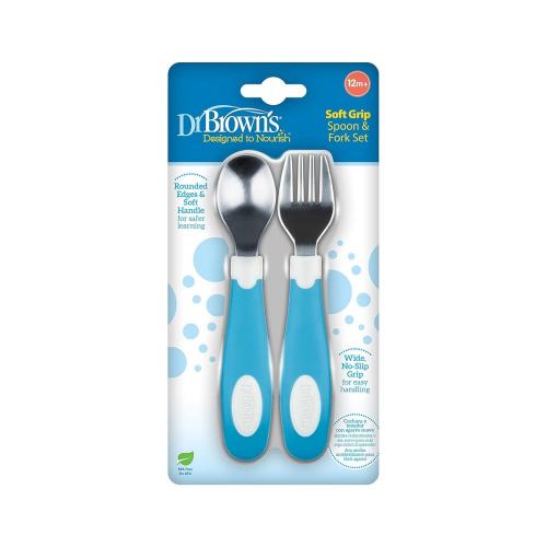 Picture of Dr. Brown's Soft Grip Spoon & Fork Set, Blue & White