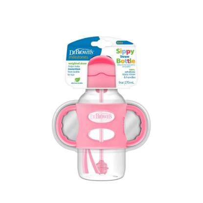 Picture of Dr. Brown's 9oz/270ml Wide-Neck Sippy Straw Bottle with Silicone Handles, Pink 1-Pack (WB91011)