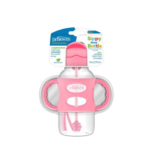 Picture of Dr. Brown's 9oz/270ml Wide-Neck Sippy Straw Bottle with Silicone Handles, Pink 1-Pack (WB91011)