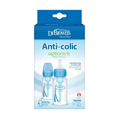 Picture of Dr. Brown's Anti-Colic Options+ Narrow Baby Bottle, 4oz/120 ml, with Level 1 Slow Flow Teat, Pack of 2, Blue (SB42405-ESX)