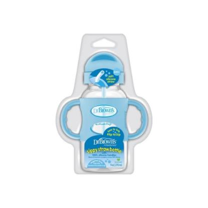 Picture of Dr. Brown's 9oz / 270ml PP Wide-Neck Sippy Straw Bottle w/ Silicone Handles, Blue, 1-Pack (WB91012-INTLX)